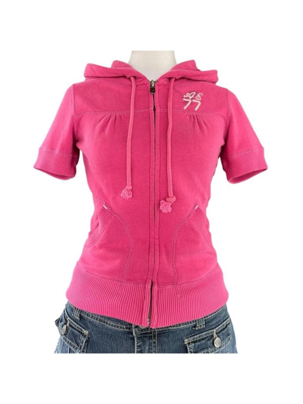 2000s American Eagle Outfitters pink zip up hoodie with short sleeves